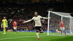 Mohamed Salah celebrates after scoring Liverpool's fifth goal, and his third, at Old Trafford