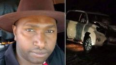 A side-by-side image of Jubilee Nominated Senator Victor Prengei and his vehicle following a road accident.