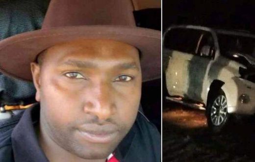 A side-by-side image of Jubilee Nominated Senator Victor Prengei and his vehicle following a road accident.
