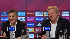 Bayern Munich president Herbert Hainer (L) is backing embattled sports director Hasan Salihamidzic amid tensions with head coach Hansi Flick