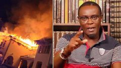 A collage photo of Mutahi Ngunyi and his house on fire