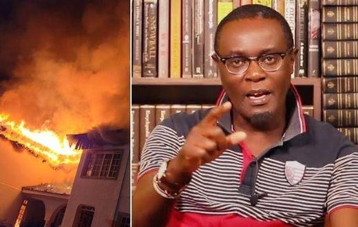 A collage photo of Mutahi Ngunyi and his house on fire