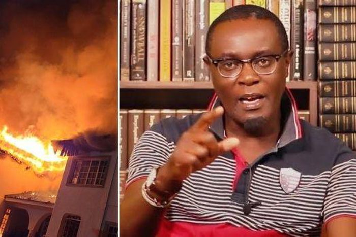 A collage photo of Mutahi Ngunyi and his house on fire
