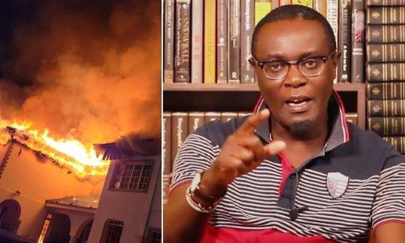 A collage photo of Mutahi Ngunyi and his house on fire