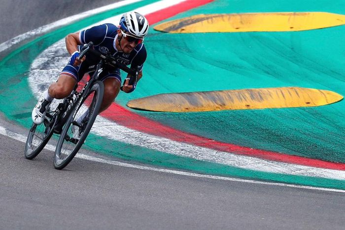 IMOLA, ITALY - SEPTEMBER 27: Julian Alaphilippe of France / Autodromo Enzo e Dino Ferrari / during the 93rd UCI Road World Championships 2020, Men Elite Road Race a 258,2km race from Imola to Imola - Autodromo Enzo e Dino Ferrari / @Imola_Er2020 / #Imo...