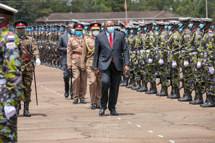 President Uhuru Kenyatta during a pass out parade at the KDF's Recruits Training School in Eldoret