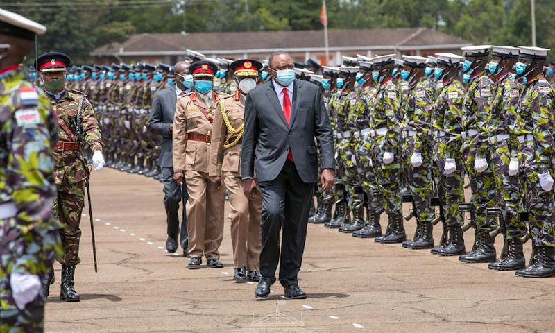 President Uhuru Kenyatta during a pass out parade at the KDF's Recruits Training School in Eldoret