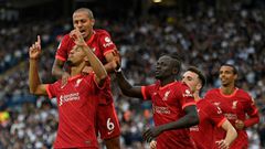 Fabinho (bottom left)scored Liverpool's second goal in a 2-0 win at Leeds