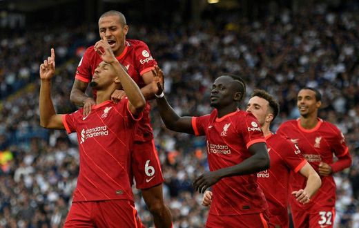 Fabinho (bottom left)scored Liverpool's second goal in a 2-0 win at Leeds