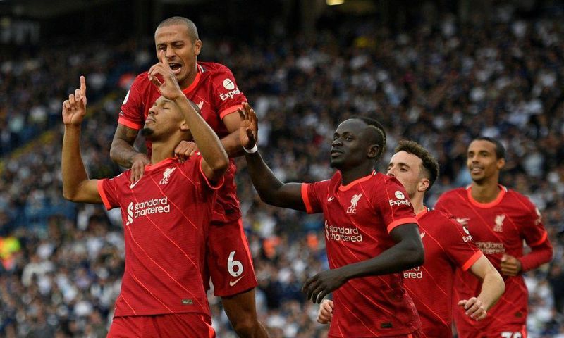 Fabinho (bottom left)scored Liverpool's second goal in a 2-0 win at Leeds