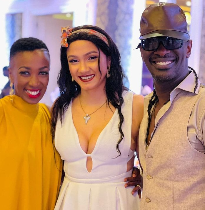 Celebrity couple Nameless and Wahu with fellow entertainer Yvonne Darcq at Akothee Foundation's 1-year anniversary celebration