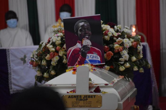 Olympian and World Record holder Agnes Tirop was on Saturday 23 October 2021 laid to rest at her parent's home in Nandi County. PHOTO COURTESY: @MichKatami on Twitter
