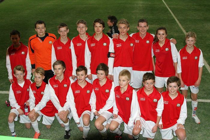 Photo taken on February 17, 2013, during a football tournament in Kristiansand shows Erling Braut Haaland (back row, R) posing next to fellow Bryne player Andrea Norheim