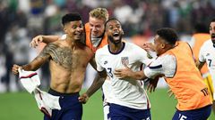 USA's Miles Robinson (left) celebrates winning the CONCACAF Gold Cup final with a 1-0 victory over Mexico in Las Vegas