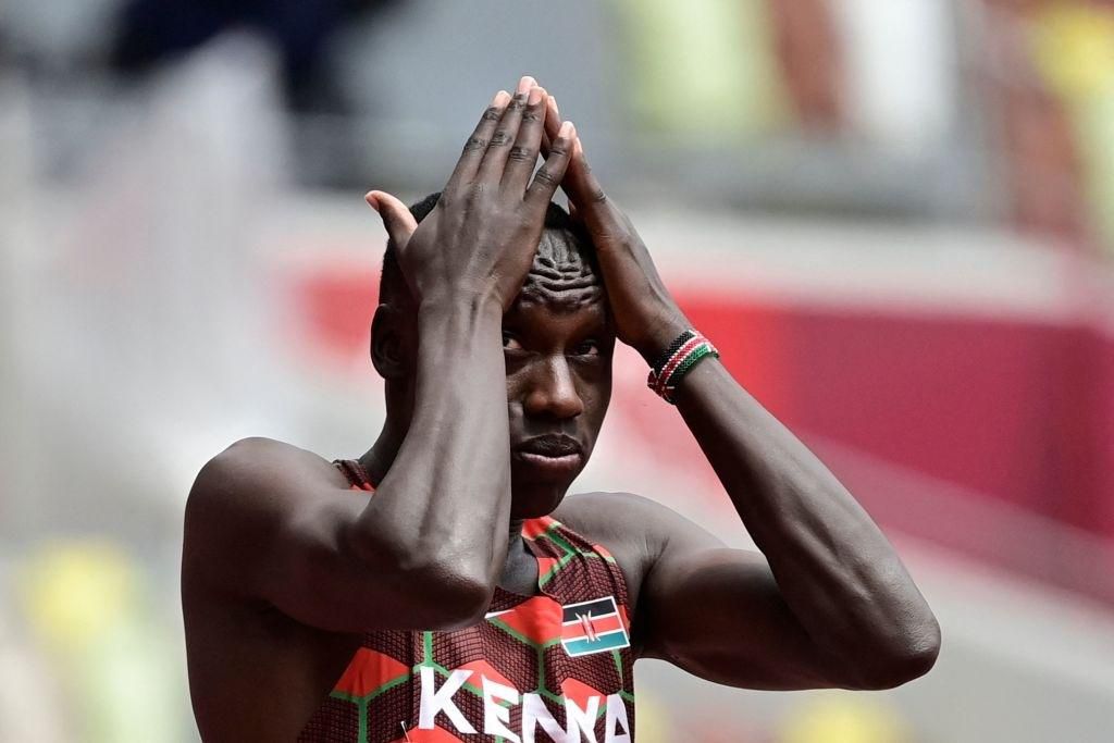 Kenya's Emmanuel Kipkurui Korir reacts after competing in the men's 800m heats during the Tokyo 2020 Olympic Games at the Olympic Stadium in Tokyo on July 31, 2021. (Photo by Javier SORIANO / AFP) (Photo by JAVIER SORIANO/AFP via Getty Images)
