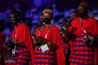 Kenya's delegation which mostly comprised of the volleyball team enters the Olympic Stadium during Tokyo 2020 Olympic Games opening ceremony's parade of athletes, in Tokyo on July 23, 2021. (Photo by HANNAH MCKAY / POOL / AFP) (Photo by HANNAH MCKAY/POOL/AFP via Getty Images)