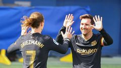 Antoine Griezmann (left) scored twice as Barcelona beat Villarreal 2-1 on Sunday