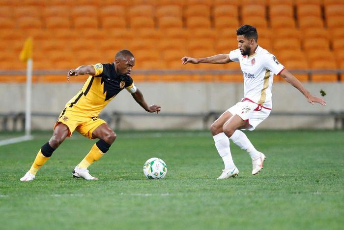 Bernard Parker (L) playing for Kaizer Chiefs against Wydad Casablanca of Morocco in a 2021 CAF Champions League semi-final in Johannesburg.