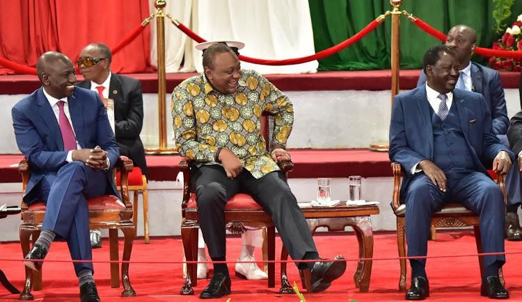 President Uhuru Kenyatta, DP William Ruto and Raila Odinga at Bomas