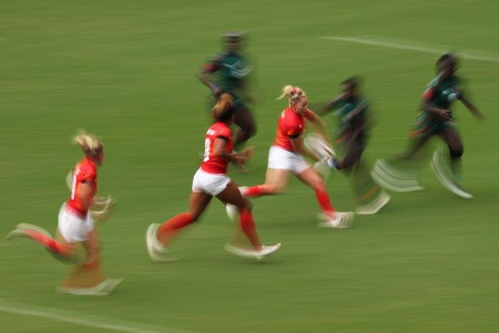 CHOFU, JAPAN - JULY 30: Abi Burton of Team Great Britain runs with the ball in the Women’s pool A match between Team Great Britain and Team Kenya during the Rugby Sevens on day seven of the Tokyo 2020 Olympic Games at Tokyo Stadium on July 30, 2021 in ...