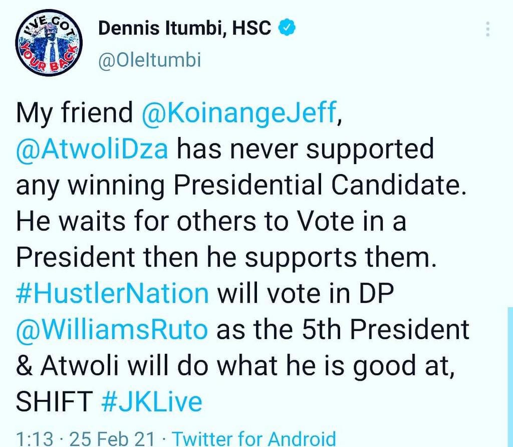 Francis Atwoli, Dennis Itumbi and DP Ruto