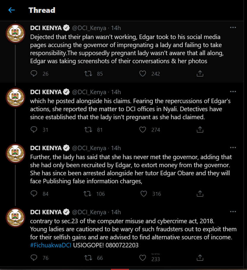 DCI's statement on Edgar Obare's arrest (Twitter)