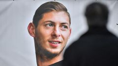 A portrait of Emiliano Sala displayed in front of the entrance of the FC Nantes football club training centre in 2019 after he died in a plane crash