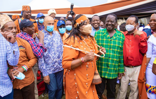 Mama Ida Odinga adorned in the Kikuyu traditional attire for women, christened "Nyawira" during Raila Odinga's Nyeri tour