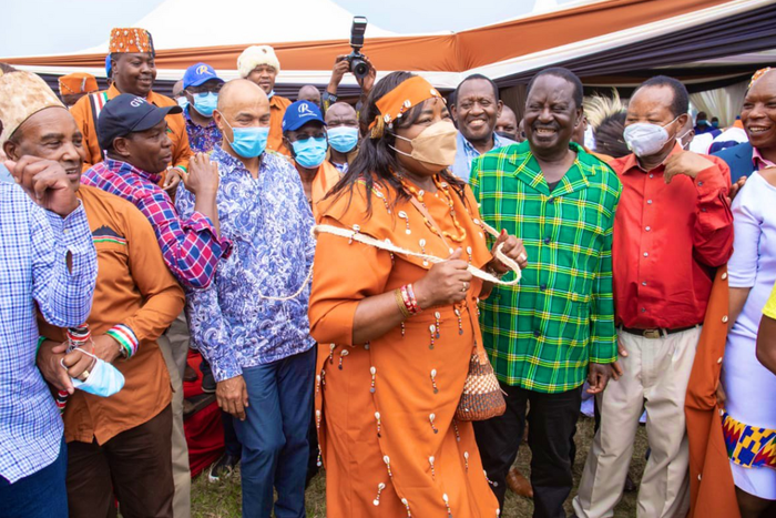 Mama Ida Odinga adorned in the Kikuyu traditional attire for women, christened "Nyawira" during Raila Odinga's Nyeri tour
