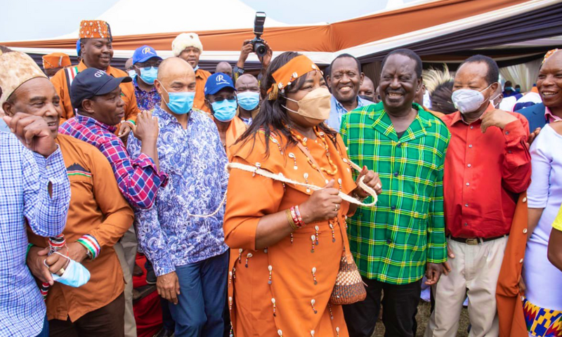 Mama Ida Odinga adorned in the Kikuyu traditional attire for women, christened "Nyawira" during Raila Odinga's Nyeri tour