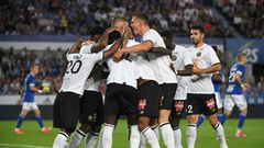 Lille players celebrate after Jonathan David put them ahead against Strasbourg