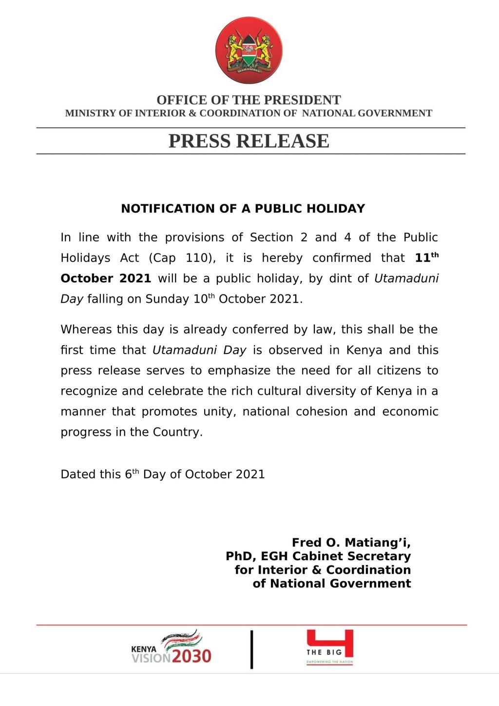 CS Matiang’i declares Monday a public Holiday