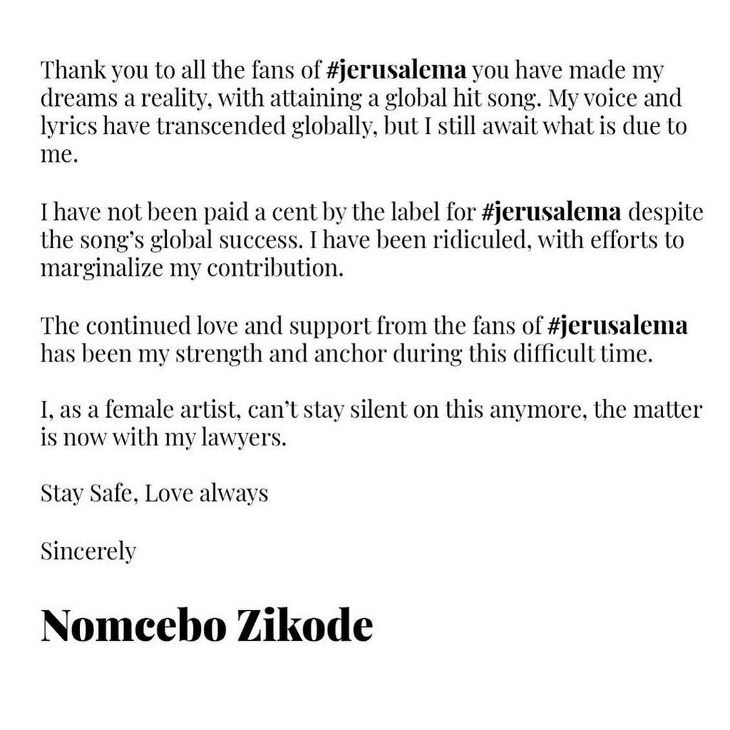 Nomcedo Zikode's statement