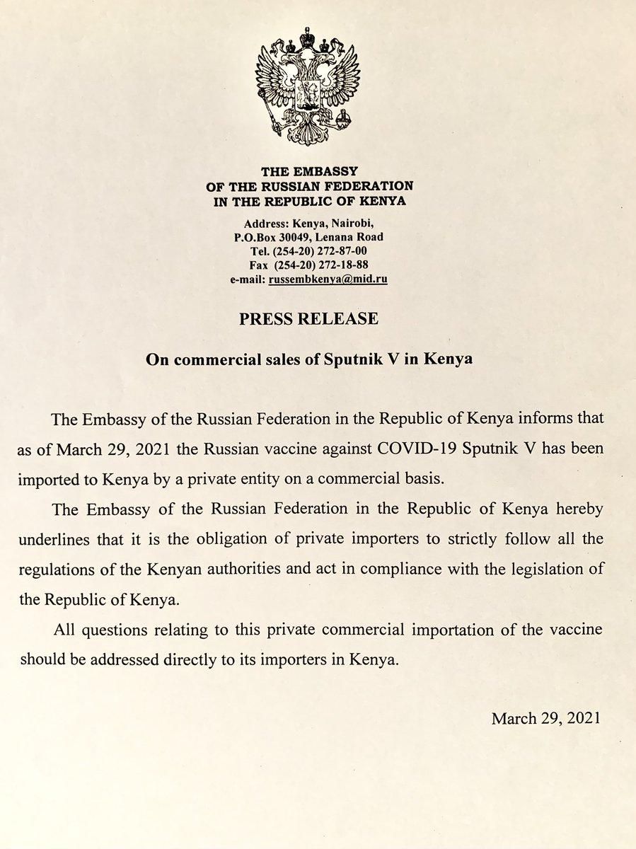 Russian Embassy statement on importation of Covid-19 vaccine to Kenya
