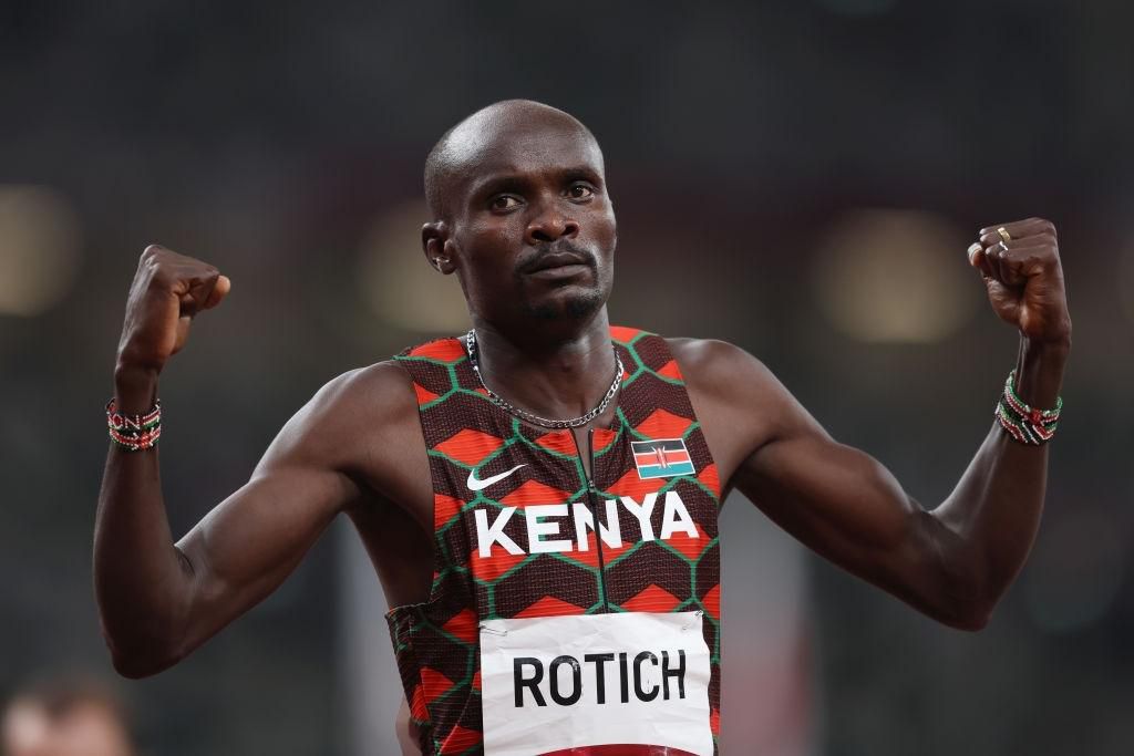 TOKYO, JAPAN - AUGUST 01: Ferguson Cheruiyot Rotich of Team Kenya celebrates after winning his Men's 800m Semi-Final on day nine of the Tokyo 2020 Olympic Games at Olympic Stadium on August 01, 2021 in Tokyo, Japan. (Photo by Patrick Smith/Getty Images)