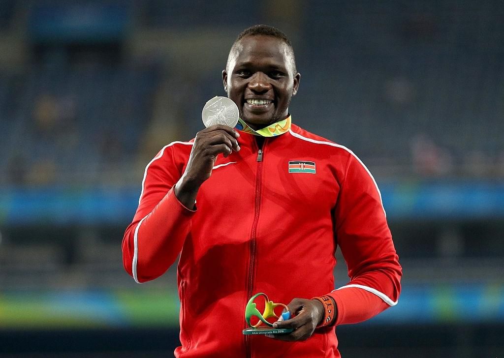 RIO DE JANEIRO, BRAZIL - AUGUST 20: Julius Yego of Kenya stands on the podium during the medal ceremony for the Men's Javelin Throw on Day 15 of the Rio 2016 Olympic Games at the Olympic Stadium on August 20, 2016 in Rio de Janeiro, Brazil. (Photo by Patrick Smith/Getty Images)