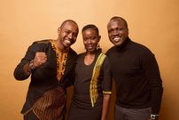 PARK CITY, UT - JANUARY 24: Boniface Mwangi, Njeri Mwangi, and Sam Soko from Softie pose for a portrait at the Pizza Hut Lounge on January 24, 2020 in Park City, Utah. (Photo by Emily Assiran/Getty Images for Pizza Hut)