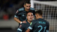 Argentina's Lautaro Martinez center) celebrates opening the scoring against Peru in a World Cup qualifier