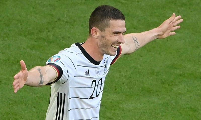 Robin Gosens celebrates scoring Germany's fourth goal against Portugal at Euro 2020