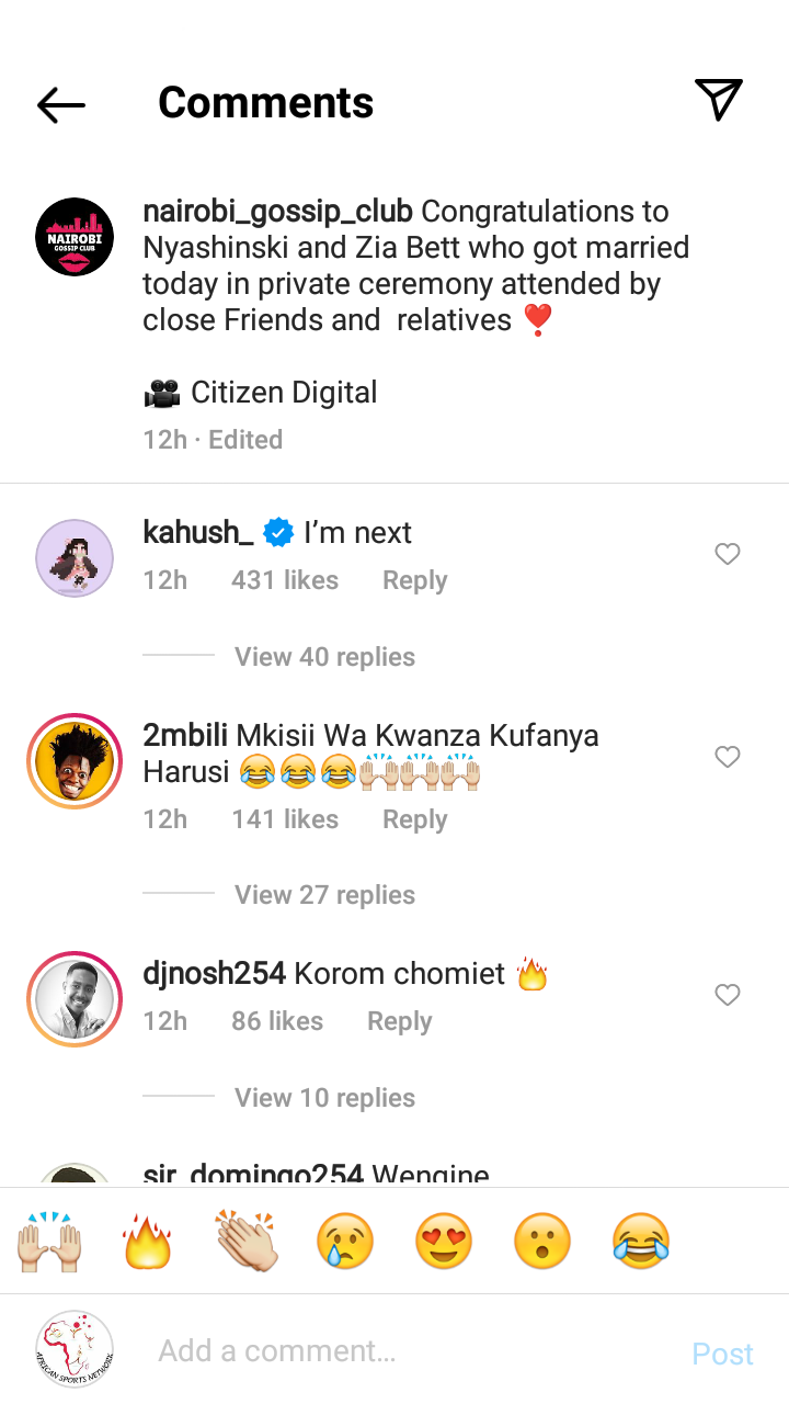 Celebrated artist Nyashinski and Zia Bett's private wedding on Friday, December 10 has inspired fellow rapper Kahush to also tie the knot.