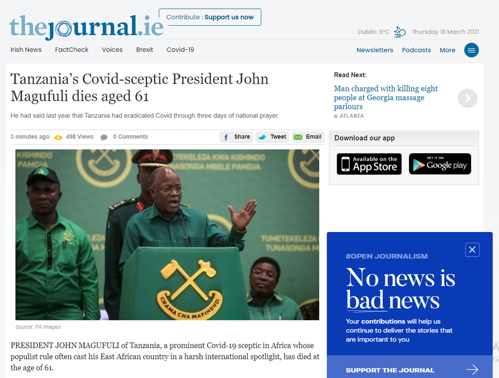 The Journal.ie reports President John Pombe Magufuli's death