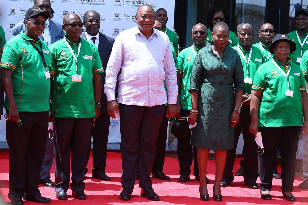Former President Uhuru Kenyatta with former Land CS Faridah Karoney during the launch of the National Land Information Management System (NLIMS)