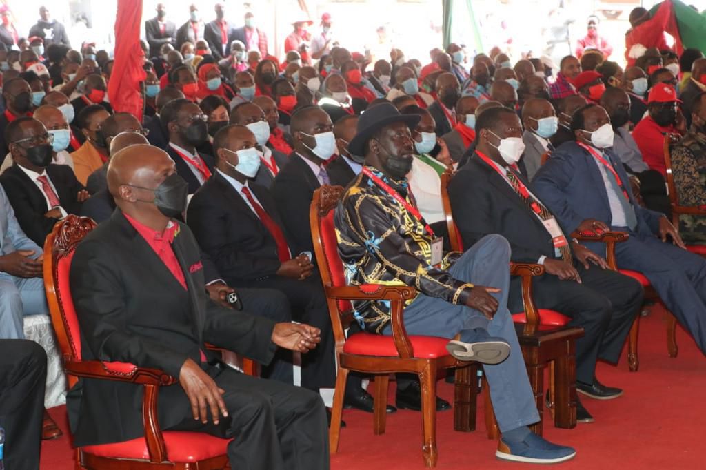 ODM party leader Raila Odinga seated beside KANU Chairman Gideon Moi during the KANU delegates conference at Bomas of Kenya