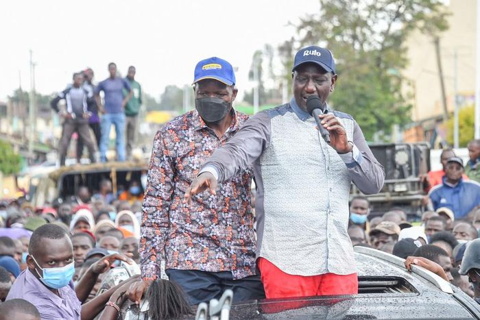 Deputy President William Ruto with Migori Governor Okoth Obado during pre-election campaigns in Awendo