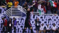 Mexico forward Rogelio Funes Mori celebrates after scoring his second goal in the second half of Mexico's 3-0 victory over Guatemala in the CONCACAF Gold Cup