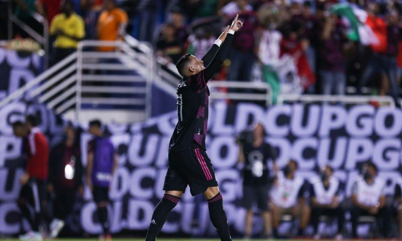 Mexico forward Rogelio Funes Mori celebrates after scoring his second goal in the second half of Mexico's 3-0 victory over Guatemala in the CONCACAF Gold Cup