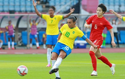 Landmark goal: Brazil's Marta scores the opening goal against China in in Miyagi
