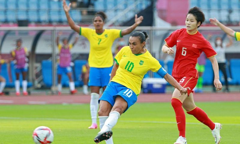 Landmark goal: Brazil's Marta scores the opening goal against China in in Miyagi