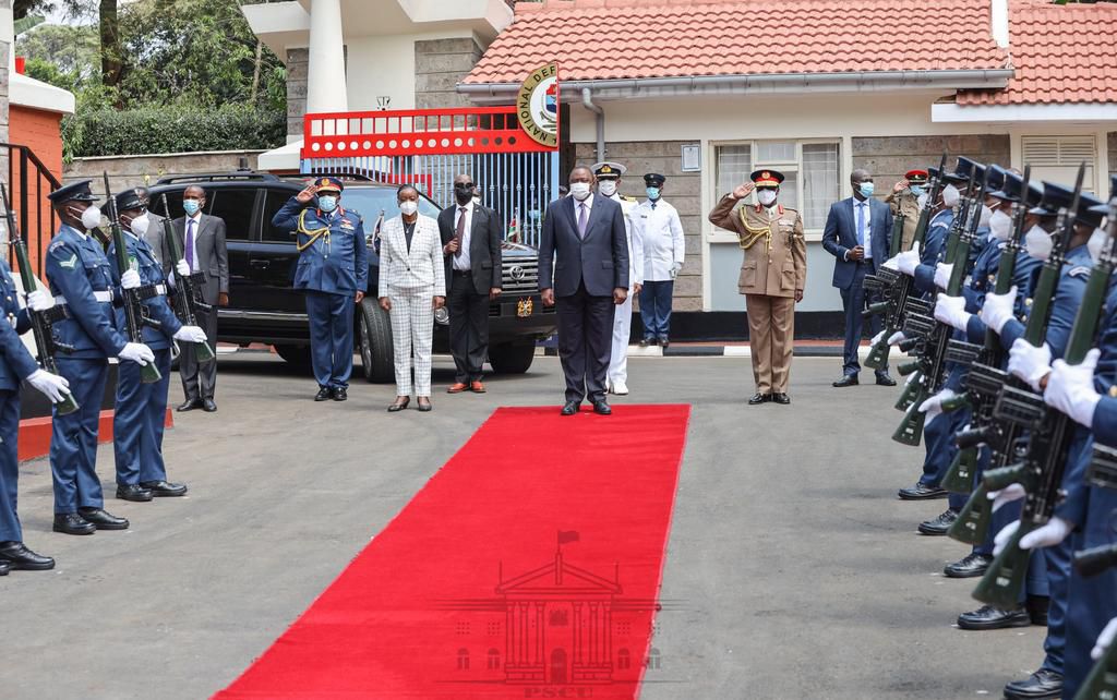 President Uhuru Kenyatta arrives at the National Defence College in Karen, Nairobi County to preside over the award of a  University Charter to the military institution