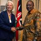 International Monetary Fund Managing Director Christine Lagarde (L) shakes hands with President Uhuru Kenyatta (R) at the State Lodge prior to a dinner on January 6, 2014 in Mombasa Kenya. AFP PHOTO / IMF /Stephen Jaffe